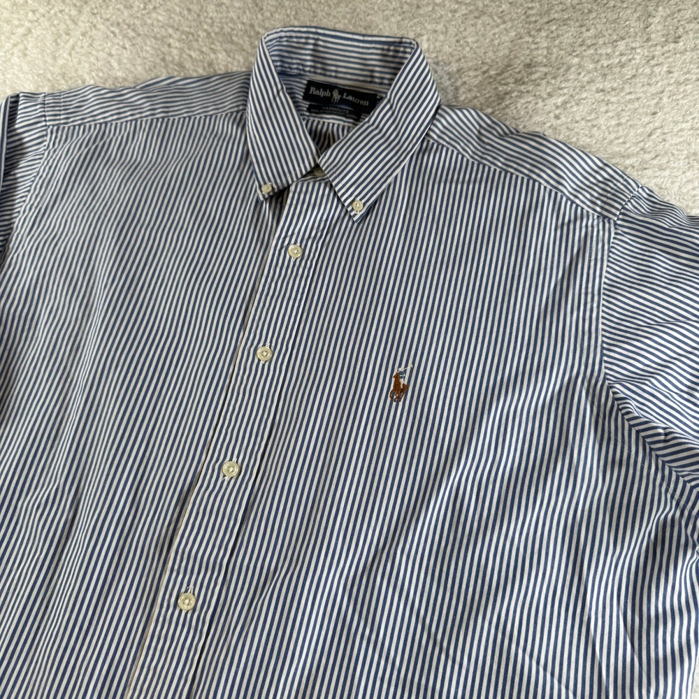 Ralph Lauren‎ Yarmouth Blue Striped Button Down Short Sleeve Shirt 16.5/33 Pony